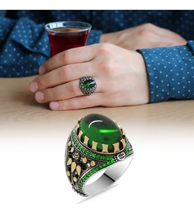 Yeşil Zirkon Taşlı Oval Tasarım 925 Ayar Gümüş Erkek Yüzük (Çok Renkli)