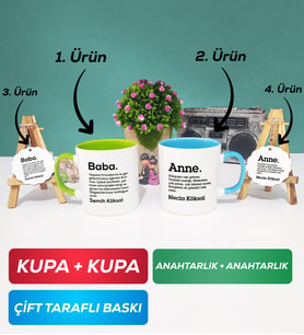 İkili Yeşil Mavi Kişiye Özel Baba ve Anne Kupa Bardak Anahtarlık Hediye Seti