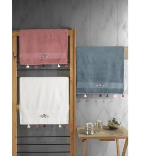 Cotton Box %100 Pamuk 3'lü Nakışlı Püsküllü Havlu Seti G.Kurusu-Ekru-Petrol
