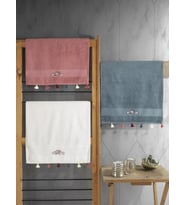 Cotton Box %100 Pamuk 3'lü Nakışlı Püsküllü Havlu Seti G.Kurusu-Ekru-Petrol