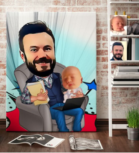 BK Gift Kişiye Özel Baba Oğul Karikatür Kanvas Tablo 70x100cm 1