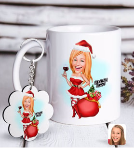 BK Gift Kişiye Özel Kadın Yeni Yıl Karikatürlü Beyaz Kupa ve Anahtarlık Hediye Seti-1 (Model 1)