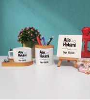 Aile Hekimi Tasarımlı Hediye Aile Hekimi Ahşap Altlıklı Fincan Kalemlik ve Dekoratif Taş Baskı Hediye Seti