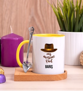 Awesome Dad Babaya Hediye Ahşap Altlıklı Sarı Kupa Bardak