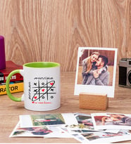Aşk Her Zaman Kazanır Yeşil Kupa Bardak ve Ahşap Standlı Polaroid Set