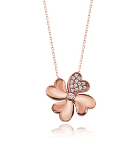 Gümüş Zirkon Taşlı " Şans Yoncası " Tasarım Kolye (Rose)