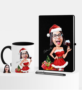 BK Gift Kişiye Özel Yılbaşı Temalı Bayan Karikatürlü Siyah Defter Kalem Kupa Seti - 2