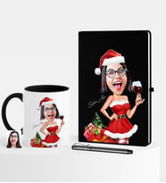 BK Gift Kişiye Özel Yılbaşı Temalı Bayan Karikatürlü Siyah Defter Kalem Kupa Seti - 2