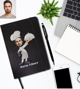 Kişiye Özel Aşçı Karikatürlü Siyah Defter Kalem Hediye Seti Bay-3