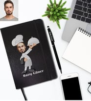 Kişiye Özel Aşçı Karikatürlü Siyah Defter Kalem Hediye Seti Bay-3