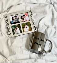 Kişiye Özel 4 Fotoğraflı Seni Seviyorum Mdf Çerçeve Gümüş Ve Gümüş Kupa Set