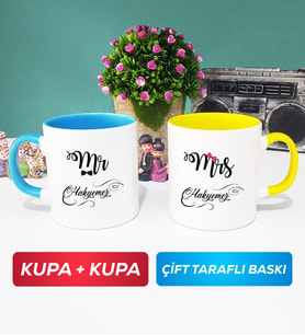 İkili Çiftlere Özel Mr Mrs Sevgiliye Hediye Kupa Bardak Mavi Sarı
