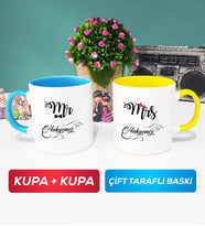 İkili Çiftlere Özel Mr Mrs Sevgiliye Hediye Kupa Bardak Mavi Sarı