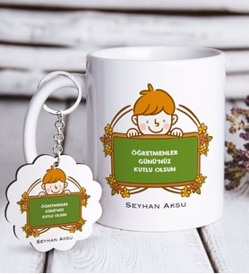 BK Gift Kişiye Özel Öğretmenler Günümüz Kutlu Olsun Beyaz Kupa ve Anahtarlık Hediye Seti-4 (Model 1)