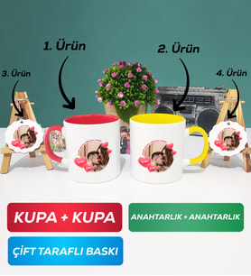 İkili Kırmızı Sarı Sevgiliye Sevgililer Günü Hediyesi 8 Kupa Bardak Anahtarlık