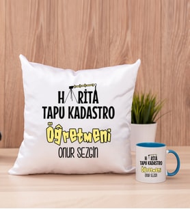 Harita Tapu Kadastro Öğretmeni Kare Yastık ve Mavi Kupa Bardak