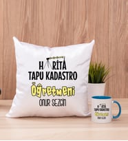 Harita Tapu Kadastro Öğretmeni Kare Yastık ve Mavi Kupa Bardak