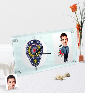 BK Gift Kişiye Özel Bay Polis Karikatürlü Masaüstü Cam Saat - 3 (Beyaz)