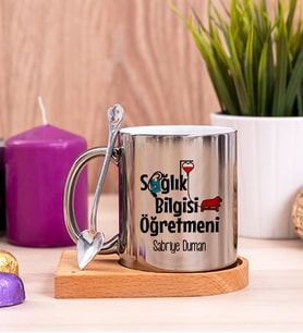 Sağlık Bilgisi Öğretmeni Ahşap Altlıklı Silver Kupa Bardak