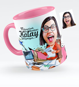 BK Gift Kişiye Özel Bayan Bankacı Karikatürlü Pembe Kupa Bardak  1