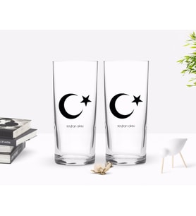 BK Gift Kişiye Özel Renkli Baskılı Ayyıldız Tasarımlı İkili Rakı Bardağı Seti-1 (Beyaz)