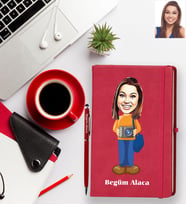 Kişiye Özel Fotoğrafçı Karikatürlü Kırmızı Defter Kalem Hediye Seti Bayan-1
