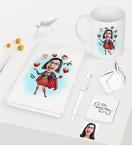 BK Gift Kişiye Özel Süper Anne Karikatürlü Beyaz Defter Kalem Kupa Ayna Seti (Model 1)