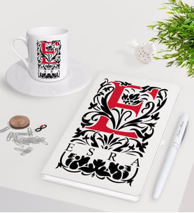 BK Gift Kişiye Özel Harfli Beyaz Defter Kalem Türk Kahvesi Fincanı Seti-7 (Model 1)