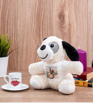 Sevgiliye Hediye Tarihli ve İsimli Türk Kahvesi Fincanı ve Peluş Köpek