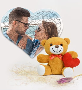 Kalpli Çiçek Ayıcık & Kişiye Özelkalpli  Puzzle (%100 Yerli)