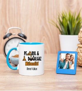 Petrol ve Doğalgaz Mühendisi Mavi Kupa Bardak ve Mavi Mini Fotoğraf Çerçevesi