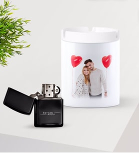 BK Gift Kişiye Özel Fotoğraflı Siyah Benzinli Metal Çakmak ve Seramik Kül Tablası Seti-1 (Model 1)