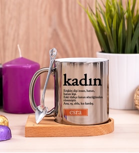 Kadın Kelime Anlamı Ahşap Altlıklı Silver Kupa Bardak