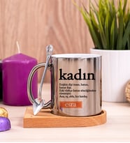 Kadın Kelime Anlamı Ahşap Altlıklı Silver Kupa Bardak