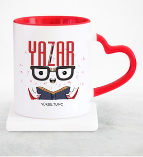 BK Gift Kişiye Özel Mesleki Yazar Kırmızı Kalpli Kupa Bardak  1