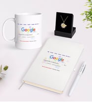 BK Gift Kişiye Özel Google Dünyanın En İyi Öğretmeni Beyaz Kupa Defter Kalem ve İsimli Papatya Kolye Hediye Seti (Model 1)