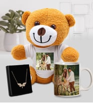 Kişiye Özel Fotoğraflı Peluş Ayıcık & Kişiye Özel Fotoğraflı Kupa & Gold Renk Melek Kolye Hediye Seti