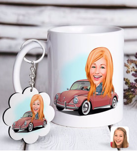 BK Gift Kişiye Özel Bayan Sürücü Karikatürlü Beyaz Kupa ve Anahtarlık Hediye Seti-1 (Model 1)