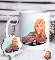 BK Gift Kişiye Özel Bayan Sürücü Karikatürlü Beyaz Kupa ve Anahtarlık Hediye Seti-1 (Model 1)