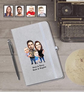Kişiye Özel Aile Karikatürlü Gri Defter Kalem Hediye Seti   Mod-2