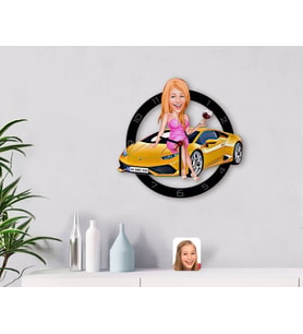 BK Gift Kişiye Özel Plakalı Kadın Lamborghini Karikatürlü Ahşap Duvar Saati-1 (Beyaz)