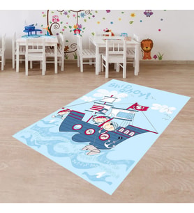 Denizci Korsan Desenli Dijital Baskı Yıkanabilir Kaymaz Taban Çocuk Odası Halısı (Mavi)