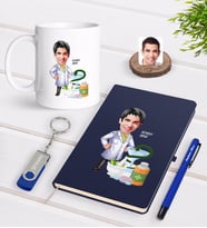 BK Gift Kişiye Özel Erkek Eczacı Karikatürlü Lacivert Defter Kalem Kupa 32gb USB Bellek Hediye Seti-2 (Model 1)