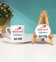 Mesajlı Laboratuvar Teknikeri Tasarımlı Kişiye Özel Laboratuvar Teknikeri Türk Kahvesi Fincanı ve Anahtarlık Hediye Seti