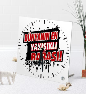 BK Gift Kişiye Özel Dünyanın En Yakışıklı Babası Masaüstü Kare Cam Saat-1 (Beyaz)