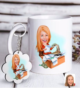BK Gift Kişiye Özel Bayan Patron Karikatürlü Beyaz Kupa ve Anahtarlık Hediye Seti-6 (Model 1)