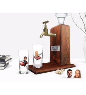 BK Gift Kişiye Özel Renkli Baskılı Patron Karikatürlü İkili Rakı Bardağı ve Ahşap Rakı Standı Hediye Seti-2 (Model 1)