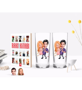 BK Gift Kişiye Özel Renkli Baskılı Sevgililer Karikatürlü İkili Rakı Bardağı ve Rakı Cep Kitabı Hediye Seti-3 (Model 1)