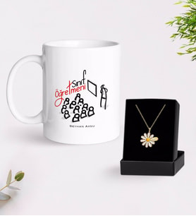 BK Gift Kişiye Özel Sınıf Öğretmeni Beyaz Kupa ve Papatya Kolye Hediye Seti-2 (Model 1)