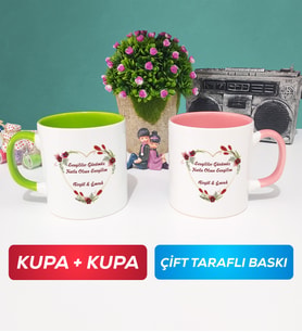 İkili Sevgiliye Sevgililer Günü Hediyesi 13 Kupa Bardak Yeşil Pembe
